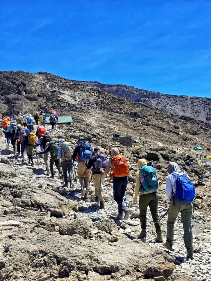 Trekkers celebrating at Uhuru Peak summit